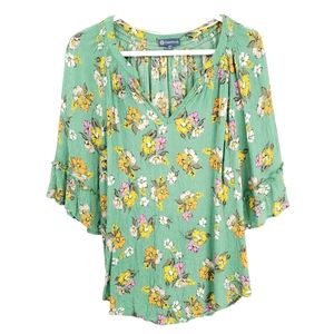 Democracy Flounce Smocked V Neck Floral Green Blouse Size XL